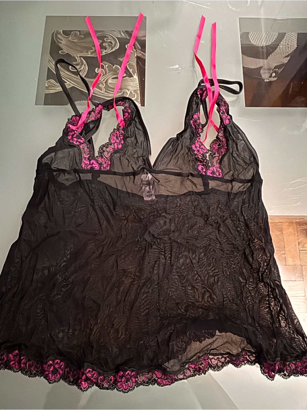 Victoria's Secret Black Sheer Lace Chemise with Hot Pink Accents Large